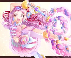 Rule 34 | 1girl, :d, crop top, cure yell, detached sleeves, earrings, floating hair, hair ornament, hair ribbon, heart, heart hair ornament, highres, holding, holding staff, hugtto! precure, jewelry, long hair, looking at viewer, magical girl, midriff, miniskirt, navel, nono hana, open mouth, outstretched arm, pink eyes, pink hair, pink skirt, pink sleeves, pleated skirt, precure, red ribbon, ribbon, short sleeves, simple background, skirt, smile, solo, staff, stomach, very long hair, white background, white legwear, yuutarou (fukiiincho)