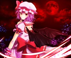 Rule 34 | 1girl, bat wings, bow, cloud, finger to face, full moon, hat, hat ribbon, light particles, light smile, light trail, looking at viewer, looking back, mob cap, momiya (sigeminn), moon, night, outdoors, puffy short sleeves, puffy sleeves, purple hair, red eyes, red moon, red sky, remilia scarlet, ribbon, short hair, short sleeves, shoulder blades, sky, touhou, wings, wrist cuffs