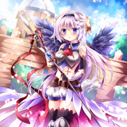Rule 34 | 1girl, armor, bare shoulders, black thighhighs, blue eyes, blush, breastplate, cloud, cowboy shot, gloves, hairband, kidatsu! dungeons lord, long hair, looking at viewer, nogi takayoshi, polearm, purple hair, sky, solo, thighhighs, trident, weapon, wings