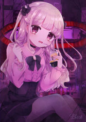 1girl absurdres bendy_straw black_bow black_choker black_pantyhose black_ribbon black_skirt blunt_bangs bow brown_hair can choker collared_shirt cowboy_shot crying crying_with_eyes_open drink_can drinking_straw hair_bow hands_up highres holding holding_can jirai_kei long_hair long_sleeves looking_at_viewer neck_ribbon open_mouth original outdoors pantyhose pink_eyes pink_shirt ribbon road sad shiro_nori00 shirt sitting skirt solo street strong_zero tears two_side_up