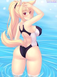 Rule 34 | 1girl, animal ear fluff, animal ears, arm up, ass, bare arms, bare shoulders, blonde hair, blush, breasts, cat ears, cat girl, cat tail, competition swimsuit, covered erect nipples, female focus, from behind, hair tie, hand on own head, highres, in water, large breasts, long hair, looking at viewer, looking back, nottytiffy, one-piece swimsuit, original, parted lips, patreon username, ponytail, red eyes, slit pupils, smile, solo, standing, swimsuit, tail, thighs, tiffy (nottytiffy), twitch username, wading
