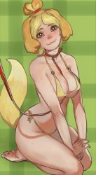 Rule 34 | 1girl, :3, animal collar, animal crossing, animal ears, barefoot, bdsm, between breasts, bikini, blonde hair, body freckles, breasts, bright pupils, cleavage, collar, commentary, covered erect nipples, dog ears, dog girl, dog tail, english commentary, freckles, full body, green background, green eyes, highres, humanization, isabelle (animal crossing), large breasts, leash, lips, looking at viewer, micro bikini, mole, mole on arm, mole on breast, mossacannibalis, nintendo, personification, pet play, photo-referenced, seiza, short hair, side-tie bikini bottom, sitting, slave, smile, soles, solo, swimsuit, tail, toes, topknot, underboob, viewer holding leash, white pupils, yellow bikini