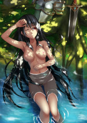 Rule 34 | 1girl, ;o, arm up, armor, unworn armor, armpits, bath, bathing, black hair, breasts, breasts apart, brown eyes, collarbone, completely nude, convenient censoring, dappled sunlight, day, closed eyes, from above, highres, legs, long hair, lying, medium breasts, navel, neck, nipples, no pussy, nude, nudist, on back, one eye closed, open mouth, original, outdoors, partially submerged, red eyes, shadow, shigatsu itsuka, solo, sunlight, sword, tree, very long hair, water, weapon, wet, wet hair, wince, zenra
