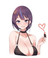Rule 34 | 1girl, blue eyes, blue hair, blush, breasts, choker, cleavage, collarbone, cosmetics, earrings, eyelashes, hair ornament, holding, holding lipstick tube, jewelry, kuavera, large breasts, lips, lipstick, lipstick tube, looking at viewer, makeup, miyako (kuavera), mole, mole under mouth, multicolored hair, original, purple hair, short hair, simple background, smile, solo, streaked hair, upper body, white background