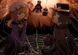 Rule 34 | 4girls, backlighting, between legs, blonde hair, bow, brooch, brown dress, brown hair, bucket, coat, commentary request, dress, e.o., entangled, fedora, flying, from below, frown, glint, green hair, hair bow, hand between legs, hat, hat ribbon, in bucket, in container, jewelry, kisume, kurodani yamame, long hair, long sleeves, looking at another, looking to the side, maribel hearn, mob cap, multiple girls, purple dress, purple eyes, ribbon, short hair, silk, sitting, socks, spider web, touhou, trench coat, underground, usami renko, v arms, wariza, wavy mouth, white legwear