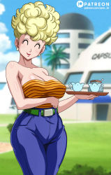 Rule 34 | 1girl, ^ ^, arms around waist, blonde hair, blue sky, blurry, bow, breasts, capsule corp, closed eyes, cup, day, denim, dragon ball, dragonball z, highres, holding, holding tray, jeans, large breasts, lipstick, looking at viewer, makeup, mature female, navel, panchy, pants, sano br, shiny skin, shirt, sky, solo, standing, strapless, strapless shirt, tray, wavy hair, wide hips