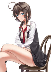 Rule 34 | 1girl, adapted costume, ahoge, black hair, black skirt, blue eyes, braid, chair, collared shirt, crossed legs, dress shirt, hair flaps, hair over shoulder, jacket, kantai collection, mayura (lucadia), multicolored clothes, multicolored jacket, neckerchief, official alternate costume, pleated skirt, red neckerchief, shigure (kancolle), shigure kai san (kancolle), shirt, single braid, sitting, skirt, solo, two-tone jacket, white shirt