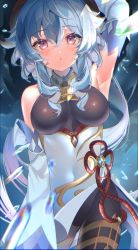 Rule 34 | 1girl, :o, arm at side, arm up, armpits, bell, black legwear, blue hair, blue theme, bodysuit, breasts, covered navel, cowboy shot, detached sleeves, ganyu (genshin impact), genshin impact, hair between eyes, hair over breasts, highres, horns, ice crystal, long hair, looking at viewer, medium breasts, moco (moco michi), neck bell, open mouth, parted lips, purple eyes, sidelocks, skin tight, solo, standing