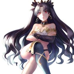 Rule 34 | &gt;:o, 1girl, angry, armlet, asymmetrical legwear, asymmetrical sleeves, bare shoulders, bikini, black bikini, black choker, black gloves, black hair, black ribbon, breasts, choker, collarbone, crossed arms, crossed legs, earrings, elbow gloves, eyes visible through hair, fate/grand order, fate (series), feet out of frame, female focus, gloves, grey thighhighs, hair ornament, hair ribbon, head tilt, highres, hoop earrings, invisible chair, ishtar (fate), jewelry, long hair, looking at viewer, mashiro (sora1031), midriff, neck, necklace, open mouth, parted bangs, red eyes, revealing clothes, ribbon, serious, simple background, single elbow glove, single glove, single thighhigh, sitting, small breasts, solo, strapless, strapless bikini, swimsuit, thighhighs, tohsaka rin, two side up, type-moon, uneven legwear, uneven sleeves, very long hair, wavy hair, white background, white bikini