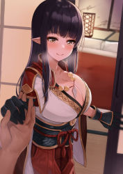 Rule 34 | 1girl, ayul (ayulneri 92), bed, black gloves, black hair, blunt bangs, blush, breasts, capcom, cleavage, closed mouth, collarbone, gloves, highres, hinoa, holding hands, indoors, japanese clothes, jewelry, large breasts, long hair, looking at viewer, monster hunter (series), monster hunter rise, necklace, pointy ears, smile, yellow eyes