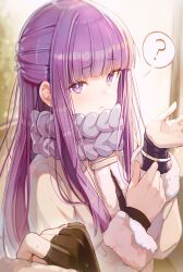 Rule 34 | 1girl, 1other, ?, absurdres, black gloves, blunt bangs, bracelet, closed mouth, coat, commentary request, fern (sousou no frieren), fingerless gloves, gloves, hands up, highres, jewelry, long hair, long sleeves, looking at viewer, misyune, pout, purple eyes, purple hair, purple scarf, scarf, sidelocks, solo focus, sousou no frieren, spoken question mark, upper body, yellow coat