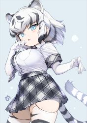 Rule 34 | 1girl, animal ears, black hair, blue eyes, breasts, elbow gloves, garter straps, gloves, iwao (pixiv258710), kemono friends, large breasts, looking at viewer, multicolored hair, necktie, plaid, plaid necktie, plaid neckwear, plaid skirt, shirt, shirt tucked in, short hair, short sleeves, simple background, skirt, solo, tail, thighhighs, tiger ears, tiger tail, tongue, tongue out, white gloves, white hair, white thighhighs, white tiger (kemono friends), white tiger print