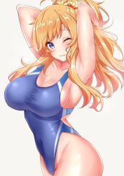 Rule 34 | 1girl, armpits, arms behind head, arms up, bare shoulders, blonde hair, blue eyes, blue one-piece swimsuit, blush, breasts, cleavage, collarbone, competition swimsuit, covered navel, highleg, highleg swimsuit, highres, hip focus, idolmaster, idolmaster cinderella girls, large breasts, long hair, looking at viewer, ohtsuki yui, one-piece swimsuit, one eye closed, parted lips, ponytail, sankakusui, shiny skin, sidelocks, simple background, solo, swept bangs, swimsuit, wavy hair, white background