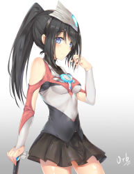 Rule 34 | 1girl, absurdres, bare shoulders, black hair, black skirt, blue eyes, blush, breasts, character name, closed mouth, clothing cutout, contrapposto, covered collarbone, cowboy shot, genderswap, genderswap (mtf), gloves, gradient background, grey background, grey gloves, hair between eyes, hand in own hair, hand on hilt, hand up, headgear, high ponytail, highres, light smile, long hair, looking at viewer, medium breasts, miniskirt, personification, pleated skirt, ponytail, shiny skin, shoulder cutout, sidelocks, sideways glance, skirt, solo, standing, tareme, taro (ultrataro), turtleneck, ultraman orb, ultraman orb (series), white background