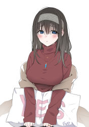 Rule 34 | 1girl, :t, black hair, blue eyes, blush, breasts, closed mouth, commentary request, fpanda, hair between eyes, hairband, highres, idolmaster, idolmaster cinderella girls, jewelry, large breasts, long hair, long sleeves, looking at viewer, necklace, pillow, red sweater, ring, sagisawa fumika, shawl, simple background, sleeves past wrists, solo, sweater, turtleneck, turtleneck sweater, upper body, white background, yes-no pillow