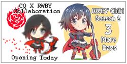 Rule 34 | 1girl, black hair, cape, chibi, commentary request, crescent rose, crusaders quest, english text, guitar, highres, iesupa, instrument, multicolored hair, multiple views, pantyhose, petals, pixelated, red cape, red hair, ruby rose, rwby, rwby chibi, grey eyes, smile
