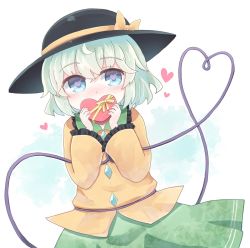 Rule 34 | 1girl, black hat, blue hair, blush, bow, buttons, collar, collared shirt, commentary request, cowboy shot, diamond (gemstone), frilled collar, frills, gift, green hair, green skirt, hat, hat bow, heart, heart-shaped pupils, heart of string, holding, holding gift, kibisake, komeiji koishi, long sleeves, shirt, short hair, skirt, solo, symbol-shaped pupils, touhou, valentine, wide sleeves, yellow bow, yellow shirt