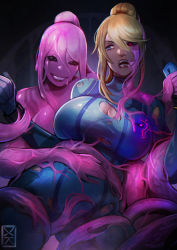 Rule 34 | 2girls, black sclera, blonde hair, blue bodysuit, blue eyes, bodysuit, breasts, cleavage, colored sclera, commentary, company connection, corruption, creatures (company), crossover, ditto, doppelganger, english commentary, game freak, gen 1 pokemon, heterochromia, highres, horror (theme), huge breasts, long hair, metroid, monster girl, multiple girls, nintendo, pokemon, pokemon (creature), ponytail, red eyes, samus aran, selfcest, skin tight, slime girl, solo focus, super smash bros., tentacles, torn bodysuit, torn clothes, xuuikie ashe, yuri, zero suit