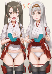 Rule 34 | 2girls, blush, brown eyes, clothes lift, commentary request, commission, green eyes, green hair, hair ribbon, hairband, hakama, highres, japanese clothes, kantai collection, kimono, lifting another&#039;s clothes, long hair, multiple girls, open mouth, panties, pixiv commission, red hakama, ribbon, shoukaku (kancolle), silver hair, simple background, skirt, skirt lift, t2r, twintails, underwear, white kimono, white panties, white ribbon, zuikaku (kancolle)