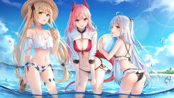 Rule 34 | 3girls, absurdres, ahoge, ass, beach, bikini, black bikini, blonde hair, blue eyes, breasts, cleavage, dangmyo, day, frilled bikini, frills, front-tie bikini top, front-tie top, hair ribbon, halterneck, hands on own thighs, hat, heterochromia, highres, horns, leaning forward, long hair, long sleeves, looking at viewer, medium breasts, mismatched bikini, multicolored hair, multiple girls, navel, ocean, one side up, open mouth, orange eyes, outdoors, pink hair, red bikini, red eyes, ribbon, shrug (clothing), side-tie bikini bottom, slippers, small breasts, smile, stomach, straw hat, streaked hair, string bikini, sunlight, swimsuit, tail, thigh strap, tinsgoo project, twintails, very long hair, virtual youtuber, wading, water, white bikini, white hair, yellow eyes
