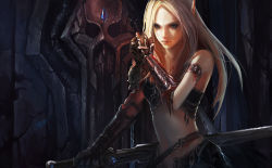 Rule 34 | 10s, 1girl, 2011, armor, blonde hair, blood, blood elf (warcraft), chenbo, elf, gauntlets, grey eyes, holding, holding sword, holding weapon, long hair, navel, pointy ears, signature, skull, solo, sword, warcraft, weapon, world of warcraft