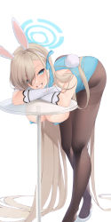 Rule 34 | 1girl, absurdly long hair, absurdres, animal ears, arm rest, asuna (blue archive), asuna (bunny) (blue archive), bad id, bad pixiv id, bent over, blonde hair, blue archive, blue eyes, blue leotard, blue ribbon, breasts, brown pantyhose, crossed arms, elbow gloves, eyes visible through hair, foot out of frame, glass table, gloves, grin, hair over one eye, hair ribbon, halo, hanging breasts, high heels, highres, large breasts, leotard, long hair, looking at viewer, mole, mole on breast, pantyhose, playboy bunny, rabbit ears, rabbit tail, ribbon, shirafuji ene, simple background, smile, solo, table, tail, very long hair, white background, white gloves, white pantyhose