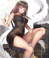 Rule 34 | 1girl, armpits, bare shoulders, black dress, blunt bangs, blush, bottle, breasts, brown hair, champagne flute, cup, dress, drinking glass, dsr-50 (girls&#039; frontline), dsr-50 (highest bid) (girls&#039; frontline), feathers, girls&#039; frontline, gold footwear, hair over shoulder, half-closed eyes, hand on own thigh, hand on thigh, high heels, highres, holding, holding cup, holding drinking glass, knee up, large breasts, lens flare, lipstick mark, long hair, looking at viewer, official alternate costume, red eyes, sidelocks, sitting, skindentation, smile, solo, sparkle, thigh strap, thighs, yusan
