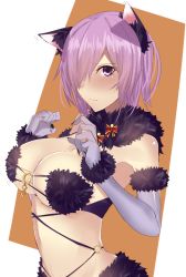 Rule 34 | 1girl, animal costume, animal ears, arched back, black nails, blush, breasts, cleavage, closed mouth, elbow gloves, fate/grand order, fate (series), from side, fur trim, gloves, grey gloves, hair over one eye, halloween, halloween costume, highres, large breasts, light purple hair, looking at viewer, looking to the side, mash kyrielight, mash kyrielight (dangerous beast), midriff, nail polish, navel, official alternate costume, onineko-chan, purple eyes, revealing clothes, short hair, solo, stomach, underboob, upper body, wolf ears