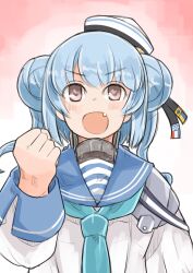 Rule 34 | 1girl, aqua neckerchief, blue hair, blue sailor collar, commentary request, commission, dixie cup hat, double bun, enjaku izuku, fang, grey eyes, hair bun, hat, heart, heart-shaped pupils, highres, kantai collection, long hair, looking up, military hat, neckerchief, sailor collar, samuel b. roberts (kancolle), samuel b. roberts mk ii (kancolle), school uniform, serafuku, skin fang, smile, solo, symbol-shaped pupils, twintails, upper body, white hat