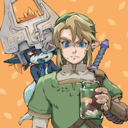 Rule 34 | 1boy, 1girl, blonde hair, blue eyes, bottle, brown background, bug, closed mouth, collarbone, colored sclera, colored skin, fang, fingerless gloves, gloves, green shirt, hand up, helmet, highres, holding, layered sleeves, link, long hair, long sleeves, midna, nintendo, nude, pointy ears, red eyes, saburou (jako), shirt, short over long sleeves, short sleeves, sweat, the legend of zelda, the legend of zelda: twilight princess, weapon, weapon on back