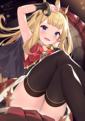 Rule 34 | 1girl, :d, absurdres, arm up, bangle, black capelet, black dress, black thighhighs, blonde hair, blush, bow, bracelet, cagliostro (granblue fantasy), capelet, commentary request, crossed legs, dress, feet out of frame, granblue fantasy, hand up, highres, jewelry, long hair, looking at viewer, ochinsama, open mouth, purple eyes, red bow, smile, solo, thighhighs, very long hair