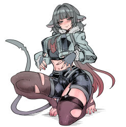 1girl absurdres animal_ears black_thighhighs blunt_bangs blush breasts chinese_commentary crop_top fingerless_gloves fur-trimmed_jacket fur_trim ga320aaa gloves gradient_hair grey_eyes grey_gloves grey_hair highres jacket jane_doe_(zenless_zone_zero) kneeling long_hair looking_at_viewer medium_breasts midriff mouse_ears mouse_tail multicolored_hair navel no_shoes pantyhose red_hair shorts simple_background single_leg_pantyhose smile solo stirrup_legwear tail thighhighs toeless_legwear torn_clothes torn_pantyhose torn_thighhighs white_background zenless_zone_zero