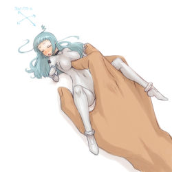 Rule 34 | 1girl, ahoge, apple inc., aqua hair, bad id, bad pixiv id, blush, bodysuit, breasts, closed eyes, hand focus, large breasts, long hair, mini person, minigirl, mouse (computer), nucomas, open mouth, original, personification, simple background, solo focus, spread legs