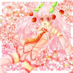 Rule 34 | 1girl, :d, bad id, bad pixiv id, cherry, cherry blossoms, detached sleeves, elina (e2n04n), food, fruit, hatsune miku, long hair, name connection, necktie, object namesake, open mouth, pink hair, pink thighhighs, red eyes, sakura miku, skirt, smile, solo, thighhighs, twintails, very long hair, vocaloid