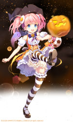 Rule 34 | 1girl, :d, alternate costume, bloomers, blue eyes, blush, breasts, candy, candy cane, copyright name, cross, cross earrings, detached sleeves, earrings, english text, food, frilled thighhighs, frills, full body, ghost, gilse, glint, hat, highres, jack-o&#039;-lantern, jewelry, kicking, nari (soccer spirits), open mouth, pink hair, ribbon-trimmed legwear, ribbon trim, shoes, skirt, small breasts, smile, soccer spirits, solo, sparkle, star (symbol), striped clothes, striped thighhighs, tears, thighhighs, twintails, underwear, watermark, witch hat