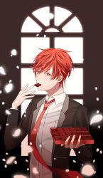 Rule 34 | 1boy, absurdres, aoi sobi, bad id, bad pixiv id, black jacket, box, box of chocolates, chocolate, eating, food, gekkan shoujo nozaki-kun, hand up, highres, indoors, jacket, long sleeves, looking at viewer, male focus, mikoshiba mikoto, mouth hold, red eyes, red hair, rouman academy school uniform, school uniform, shirt, simple background, solo, standing, sweets, upper body, white shirt, window