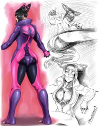 Rule 34 | 1girl, ass, bodysuit, breasts, cleavage, drill hair, eyepatch, fingerless gloves, gloves, han juri, highres, kicking, large breasts, pltnm ghost, solo, street fighter