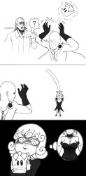 Rule 34 | 1girl, 2boys, 3koma, ?, bald, black background, black eyes, black hair, bowsette, breast conscious, breasts, closed mouth, comic, commentary, crossover, crown, curly hair, dress, english commentary, eyeshadow, greyscale, hand up, highres, holding, king (one-punch man), large breasts, makeup, mario (series), monochrome, multiple boys, new super mario bros. u deluxe, nintendo, one-punch man, parted lips, saitama (one-punch man), sanpaku, shaded face, simple background, smile, standing, super crown, sweatdrop, tatsumaki, the golden smurf, thought bubble, white background, wide-eyed