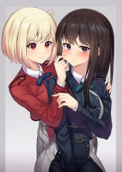 Rule 34 | 2girls, absurdres, belt, black dress, black hair, blonde hair, blue bow, blue bowtie, blush, bow, bowtie, buckle, cheek pull, closed mouth, collared shirt, dress, frown, green bow, green bowtie, grey background, highres, inoue takina, long hair, long sleeves, looking at viewer, lycoris recoil, lycoris uniform, multiple girls, nishikigi chisato, one side up, pizza (pizzania company), purple eyes, red dress, red eyes, shirt, short hair, sidelocks, smile, two-tone background, two-tone dress, v-shaped eyebrows, white shirt