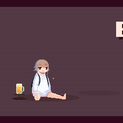 Rule 34 | 1girl, alcohol, animated, animated gif, backpack, bag, bare legs, barefoot, beer, beer mug, black bag, brown background, brown hair, cup, drawstring, drinking, drunk, english text, hood, hood down, hoodie, long sleeves, looping animation, lowres, mug, original, pixel art, shadow, short hair, simple background, sitting, solo, sotie, symbol-only commentary, white hoodie, wide shot