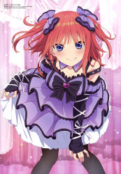 Rule 34 | 1girl, absurdres, bare shoulders, black pantyhose, blue eyes, blunt bangs, breasts, cleavage, closed mouth, clothes lift, collarbone, curtains, detached collar, detached sleeves, dress, dress lift, frilled dress, frills, gem, go-toubun no hanayome, gothic lolita, hair ribbon, hand on own knee, highres, large breasts, leaning forward, lifting own clothes, lolita fashion, looking at viewer, medium hair, megami magazine, nakano nino, official art, pantyhose, purple dress, red hair, ribbon, scan, smile, solo