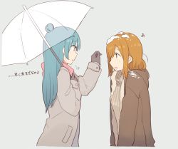 Rule 34 | 10s, 2girls, black gloves, blue background, blue hair, brown coat, brown eyes, brown hair, coat, from side, fume, gloves, grey background, hair bun, highres, holding, holding umbrella, kasa list, kunikida hanamaru, long hair, long sleeves, love live!, love live! sunshine!!, multiple girls, open clothes, open coat, open mouth, pink eyes, pink scarf, profile, ribbed sweater, scarf, see-through, sideways mouth, simple background, single hair bun, snow, snow on head, sweater, translation request, transparent, transparent umbrella, tsushima yoshiko, umbrella
