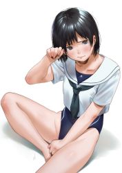Rule 34 | 1girl, arm up, bare legs, barefoot, between legs, black hair, breasts, brown eyes, closed mouth, competition swimsuit, hand between legs, highres, kamiyama aya, looking at viewer, one-piece swimsuit, original, sailor collar, sailor shirt, shirt, short hair, simple background, sitting, small breasts, solo, swimsuit, swimsuit under clothes, white background
