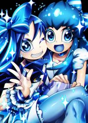 Rule 34 | 10s, 2girls, :d, black background, blue bow, blue eyes, blue hair, blue legwear, blue theme, blue tongue, bow, choker, color connection, colored eyelashes, hair bow, happinesscharge precure!, heartcatch precure!, kurumi erika, long hair, looking at viewer, multiple girls, open mouth, pantyhose, precure, senmu (0107), shirayuki hime, sidelocks, skirt, smile, sparkle, striped, striped bow, trait connection, wrist cuffs