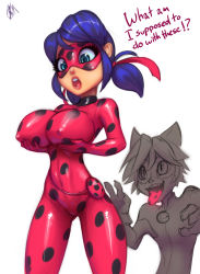 Rule 34 | 1boy, 1girl, adrien agreste, alternate breast size, bell, bodysuit, breast expansion, grabbing another&#039;s breast, breast hold, breasts, chat noir, covered navel, domino mask, english text, covered erect nipples, grabbing, grimdevil, hetero, highres, jingle bell, ladybug (character), large breasts, marinette dupain-cheng, mask, miraculous ladybug, no bra, open mouth, polka dot, simple background, skin tight, text focus, tongue, tongue out, twintails, white background