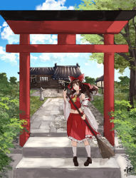 Rule 34 | 1girl, ascot, bamboo broom, blue sky, bow, broom, brown eyes, brown hair, bush, cloud, cloudy sky, dappled sunlight, day, detached sleeves, frilled skirt, frills, full body, hakurei reimu, hakurei shrine, highres, japanese clothes, looking to the side, miko, navel, outdoors, path, red bow, red skirt, ribbon-trimmed sleeves, ribbon trim, road, rooftop, rope, sakuremi, shade, shide, shimenawa, shrine, signature, skirt, sky, solo, stairs, stone lantern, stone path, stone stairs, sunlight, sweeping, torii, touhou, tree, wide sleeves