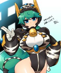 Rule 34 | 1girl, 2021, android, animal print, blue eyes, blush, breasts, chinese zodiac, cleavage, cow print, cow tail, green hair, hat, headgear, helmet, large breasts, leotard, long hair, looking at viewer, marino (mega man), mega man (series), mega man x (series), robot, robot ears, smile, solo, tail, tobitori, translation request, year of the ox