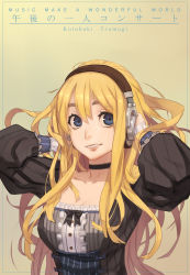 Rule 34 | 1girl, absurdres, blonde hair, blue eyes, breasts, character name, choker, cleavage, collarbone, english text, gothic lolita, gradient background, headphones, highres, k-on!, kotobuki tsumugi, large breasts, lips, lolita fashion, long hair, parted lips, smile, solo, upper body, vocky
