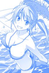 Rule 34 | 1girl, arm up, bikini, blue theme, bracelet, breasts, butt crack, cleavage, covered erect nipples, downblouse, downpants, female focus, grin, halterneck, hat, unworn hat, unworn headwear, himura kiseki, jewelry, large breasts, long hair, looking at viewer, monochrome, o-ring, o-ring bikini, o-ring top, original, outdoors, sidelocks, smile, solo, straw hat, swimsuit, twintails, wading, water, wet