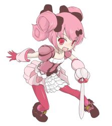 Rule 34 | 1girl, :d, black bow, black footwear, bow, daisy (flower knight girl), fang, fighting stance, flower knight girl, full body, gloves, hair bow, looking at viewer, mudamudamudda, multiple hair bows, open mouth, pantyhose, pink hair, pink skirt, puffy sleeves, rapier, red eyes, red gloves, red pantyhose, shoes, short hair, short twintails, skirt, smile, solo, sword, twintails, v-shaped eyebrows, weapon, white background